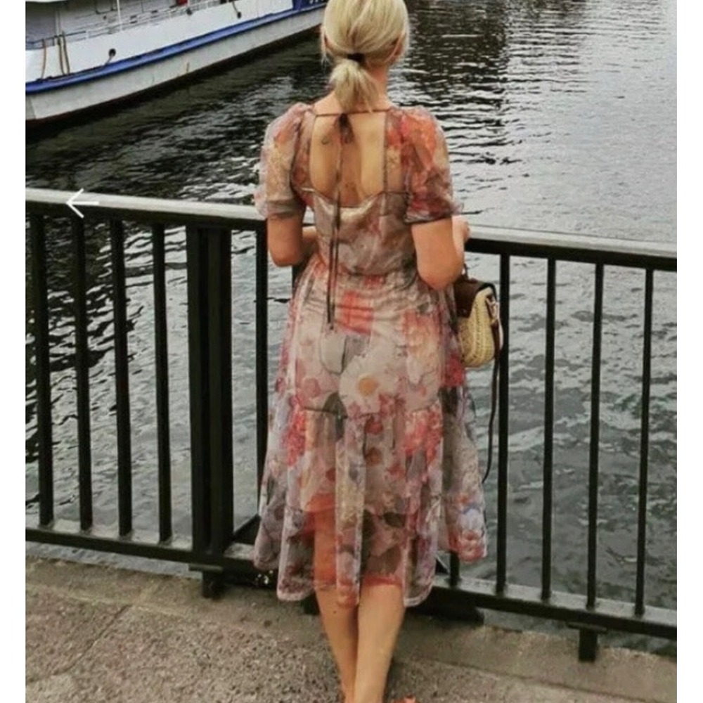 H&M sz M Sheer Floral Puff Sleeve Tiered Tulle Midi Maxi Dress Whimsical Fairy - Picture 4 of 14
